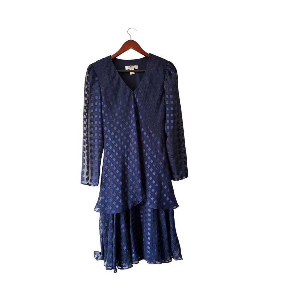Patra 80s/70s Navy Blue V-Neck Tiered Geometric Burnout Midi Dress Size 8